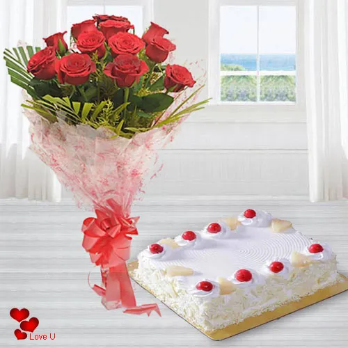Deliver Combo of Red Roses Bouquet N Eggless Cake Online