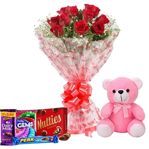 Dutch Red Roses Huggable Cute Teddy Bear (6 inch) n Chocolates