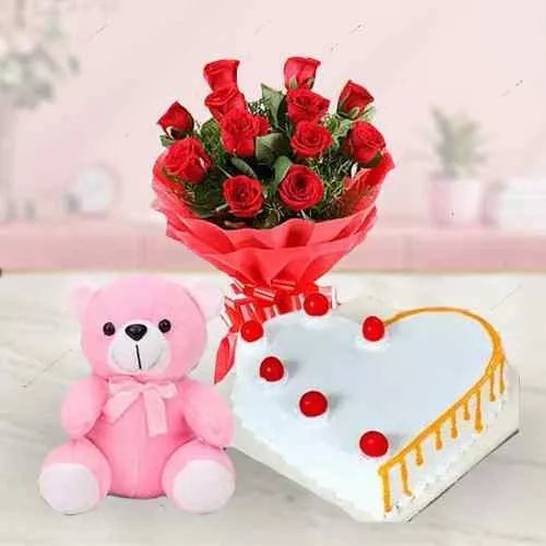 Buy Online Red Roses with Teddy N Heart-Shaped Cake