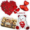 Heart Shaped Roses Arrangement with Ferrero Rocher, Teddy n Balloons