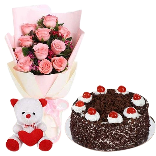 Send Combo of Pink Roses, Teddy N Cake Online