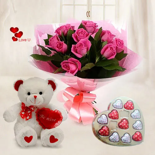 Shop Online for Pink Roses with Heart Shape Chocolates N Teddy