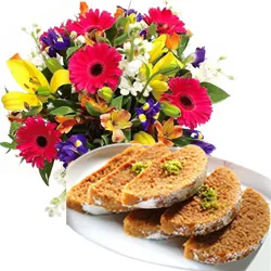 Deliver Mixed Flowers Bouquet with Anand Bhawan Milk Cake