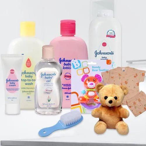 Order Johnson Baby Care Gift Arrangement with Teddy