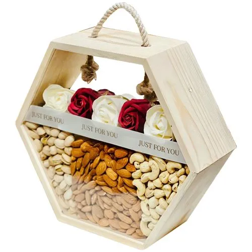 Lavish Dry Fruits in Hexagonal Basket with Red Roses