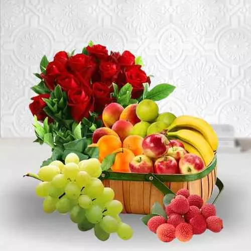 Get Fresh Fruits Basket with Red Roses