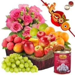 Basket Hamper of Fresh Fruits and Rose Bouquet with 1 Regular Rakhi and Roli Tilak Chawal
