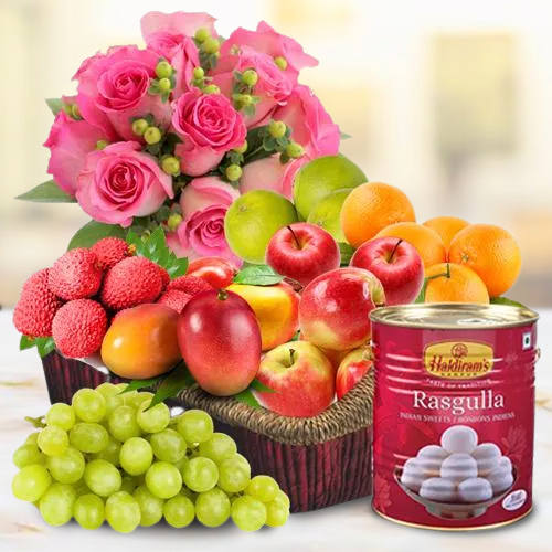 Beautiful Pink Roses with Rasgulla N Fruits Basket