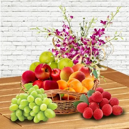 Orchid Decorated Fresh Fruits Basket for Mummy
