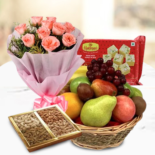 Tantalizing Fresh Fruits-Haldiram Soan Papdi Basket Hamper with Rose Bouquet