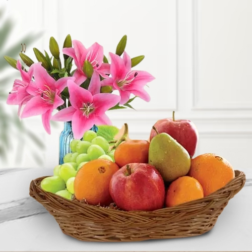 Marvellous Fresh Fruits Basket with Pink Lilies