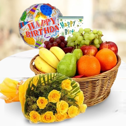 Delightful Fresh Fruits Basket with Yellow Rose Bouquet
