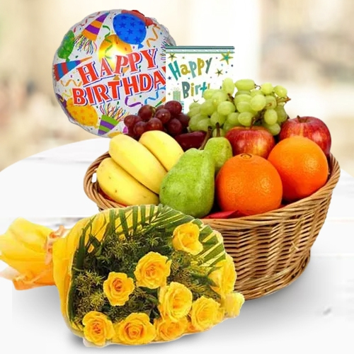 Shop for Fresh Fruits Basket with Yellow Roses N Balloon