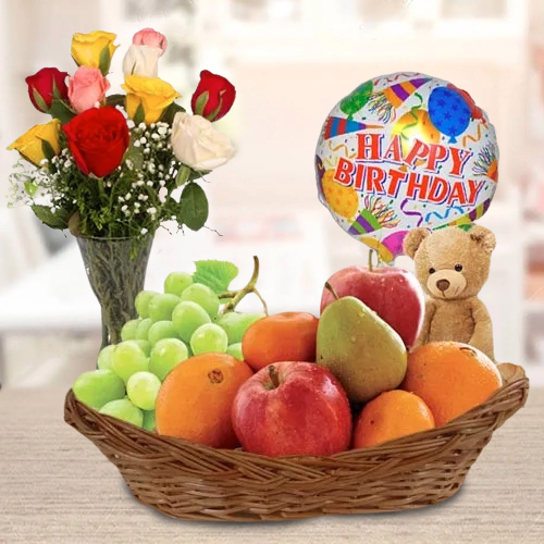 Order Fresh Fruits Basket with Roses Mylar Balloons n Teddy