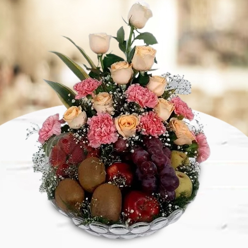 Exquisite Gift of Exotic Fruits N Flowers in Glass Vase