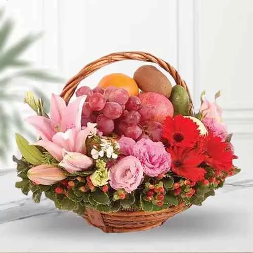 Garden Fresh Fruits Basket decorated with Mixed Flowers