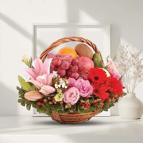 Garden Fresh Fruits Basket decorated with Mixed Flowers