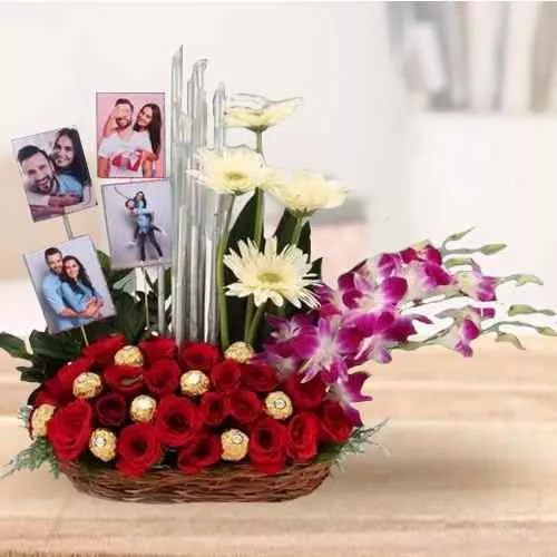 Delightful Fresh Flowers N Personalized Pics Basket Arrangement