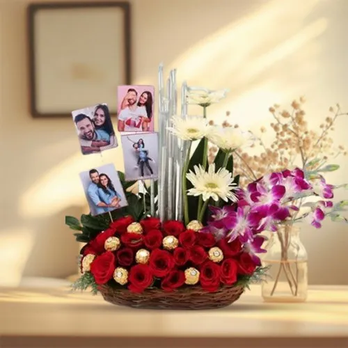 Deliver Fresh Flowers N Personalized Pics Basket Arrangement