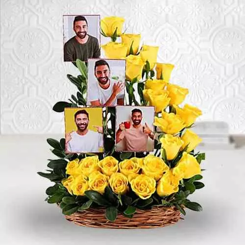 Cheerful Basket of Yellow Roses with Personalized Pics