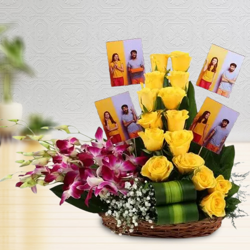 Beautiful Display of Purple Orchids n Yellow Roses with Personalized Pics in Basket