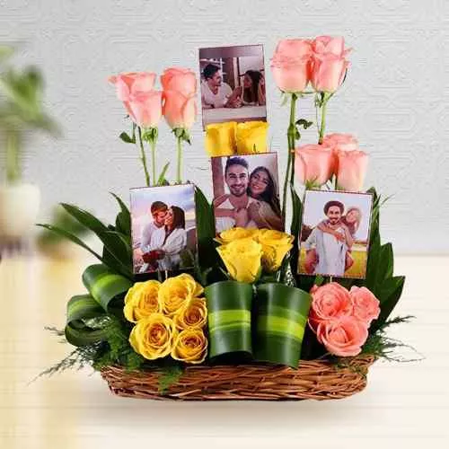 Sending Pink n Yellow Roses with Personalized Pics in Basket