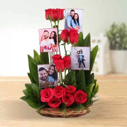 Dazzling Red Roses N Personalized Photos Basket Arrangement