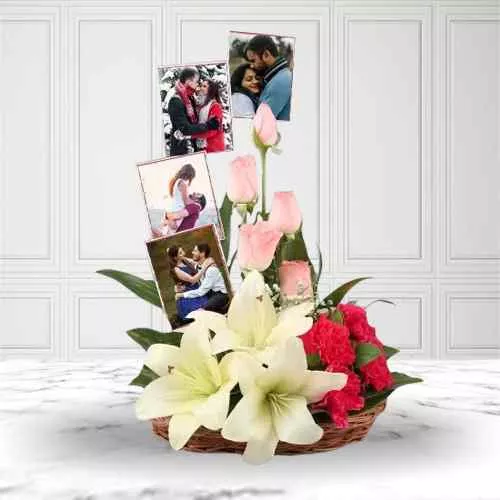 Impressive Love Basket of Roses, Carnation n Lilies with Personalized Pics