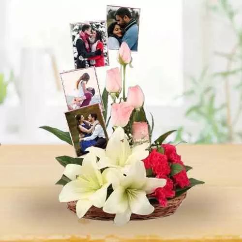 Dazzling Arrangement of Roses, Carnation n Lilies with Personalized Pics