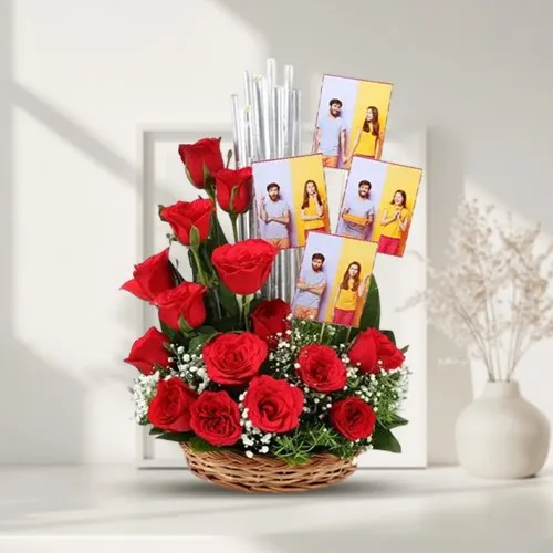 Splendid Love Basket of Red Roses n Personalized Photos