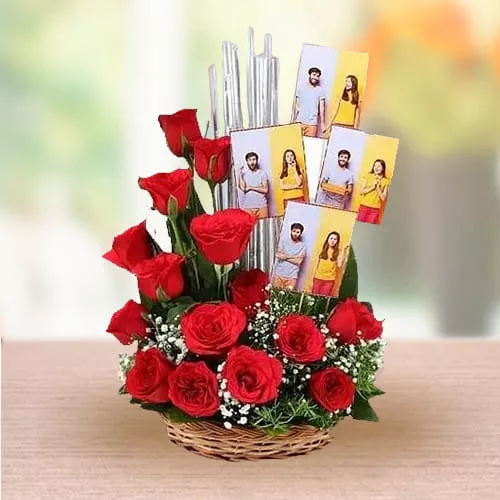 Splendid Arrangement of Red Roses with Personalized Photos