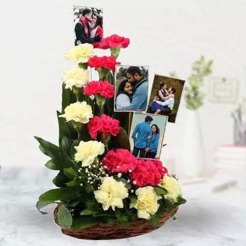 Alluring Display of Red n Yellow Carnations n Personalized Pics in Basket