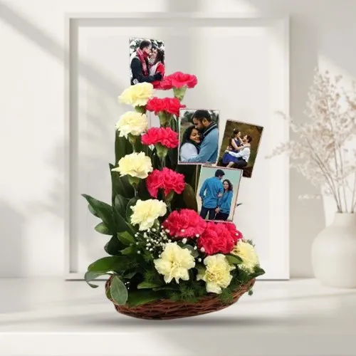 Deliver Red n Yellow Carnations n Personalized Pics in Basket