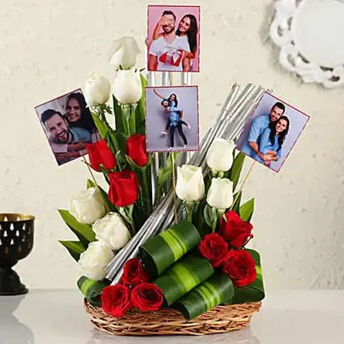 Sending Basket of Red n White Roses with Personalized Photos