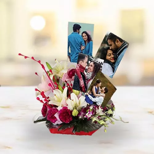 Book Arrangement of Mixed Flowers and Personalized Photos in Basket