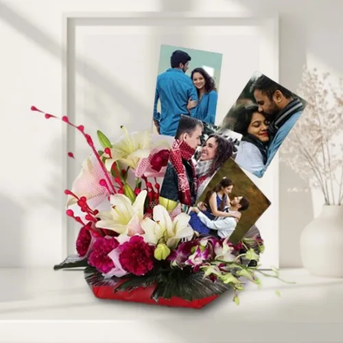 Book Arrangement of Mixed Flowers and Personalized Photos in Basket