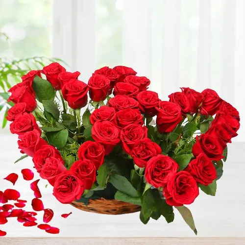 Graceful Twin Heart Red Roses Basket Arrangement