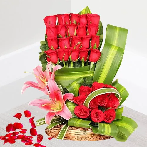 Mind-Blowing Valentine Roses  N  Lilies Basket