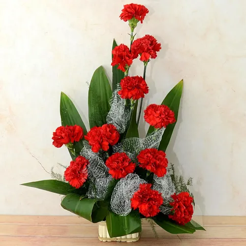 Dozen Carnations Arrangement 16 pcs Ferrero Rocher chocolate box.