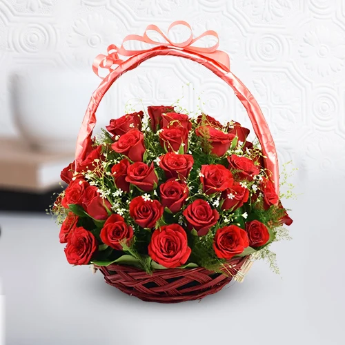 Lovely Basket Arrangement of Red Roses