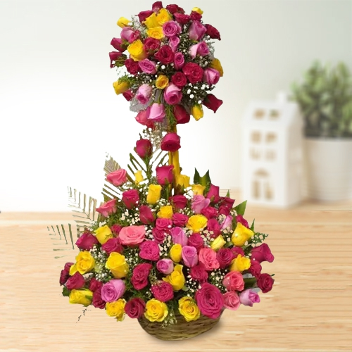 Send Double Tier Arrangement of Colorful Roses