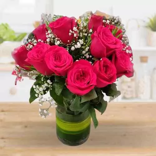 Blushing Red Roses in Glass Vase