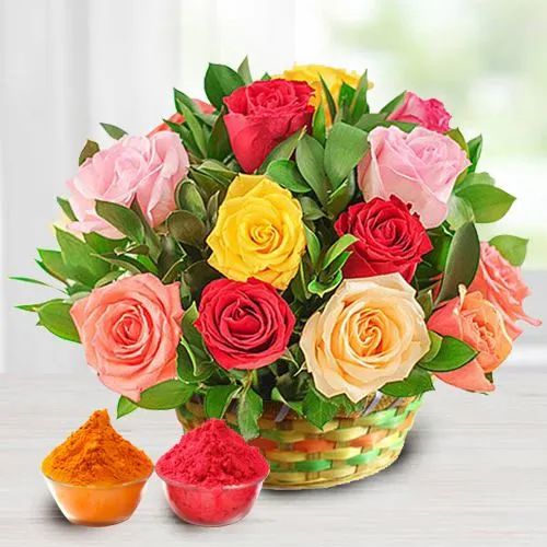 18 Pink and Red Roses Arrangement with greens and fillers to show your love and affection with free Gulal/Abir Pouch.