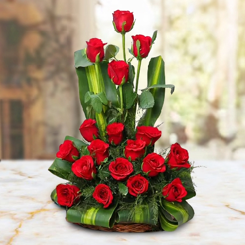 Order Red Roses in Basket with Assorted Sweets