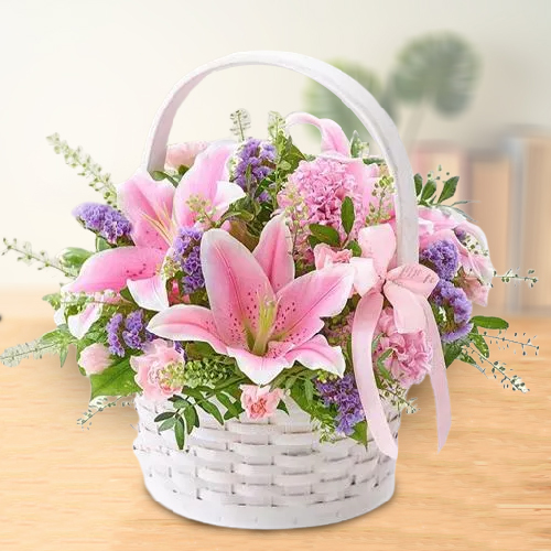 Wonderful Basket Arrangement of Fresh Lilies N Carnations