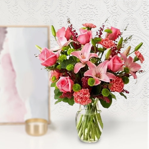 Send Lilies, Roses and Carnations and Multicolor Balloons with Teddy