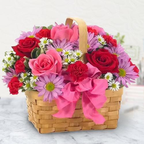 Send Big Basket of Mixed Exotic Flowers and Colorful Balloons with Teddy