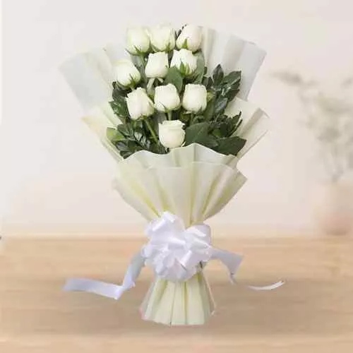 Get White Roses Bouquet in White Tissue Wrap Online