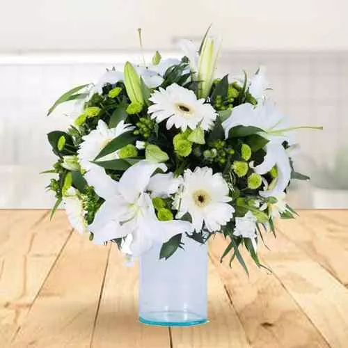 Gentle Spirit White Gerberas N Lily in Vase