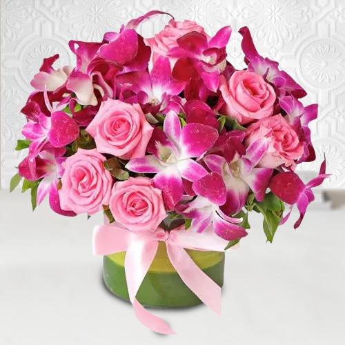 Stunning Arrangement of Pink Roses with Purple Orchids